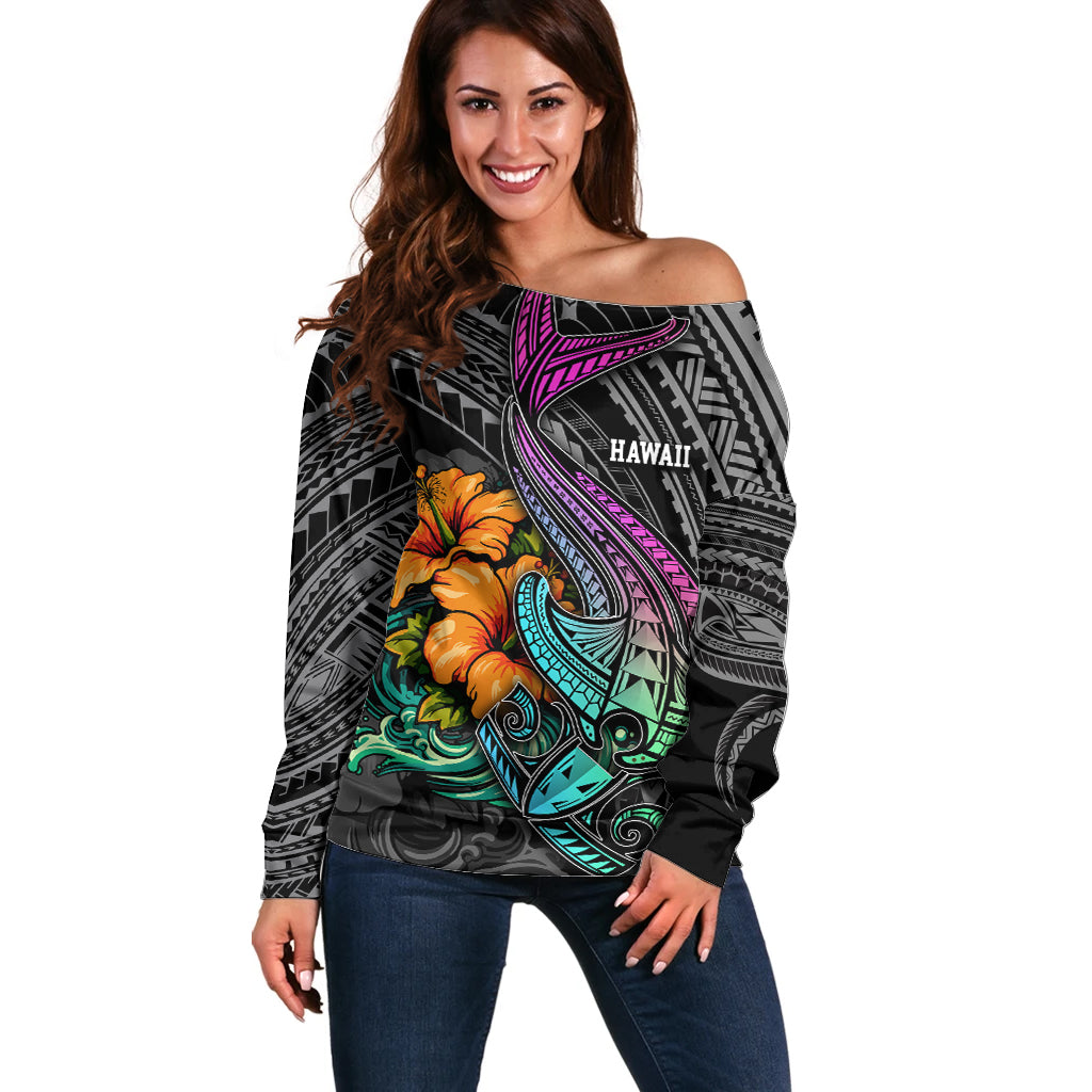 Hawaii Polynesian Off Shoulder Sweater with Tribal Hammerhead Sharks and Hibiscus Black - Wonder Print Shop