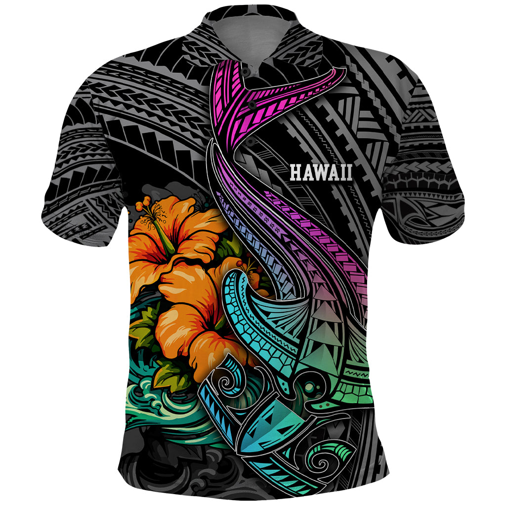 Hawaii Polynesian Polo Shirt with Tribal Hammerhead Sharks and Hibiscus Black - Wonder Print Shop