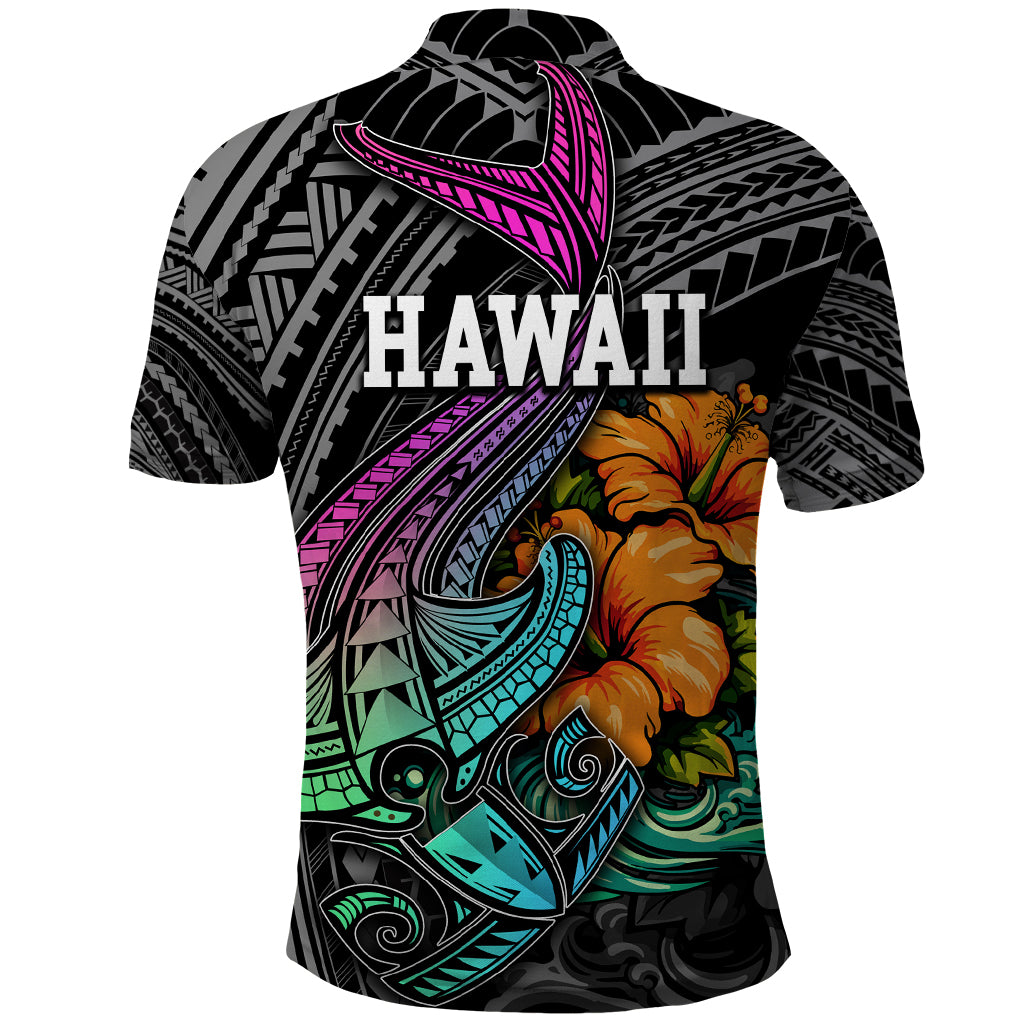 Hawaii Polynesian Polo Shirt with Tribal Hammerhead Sharks and Hibiscus Black - Wonder Print Shop