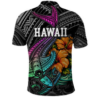 Hawaii Polynesian Polo Shirt with Tribal Hammerhead Sharks and Hibiscus Black - Wonder Print Shop