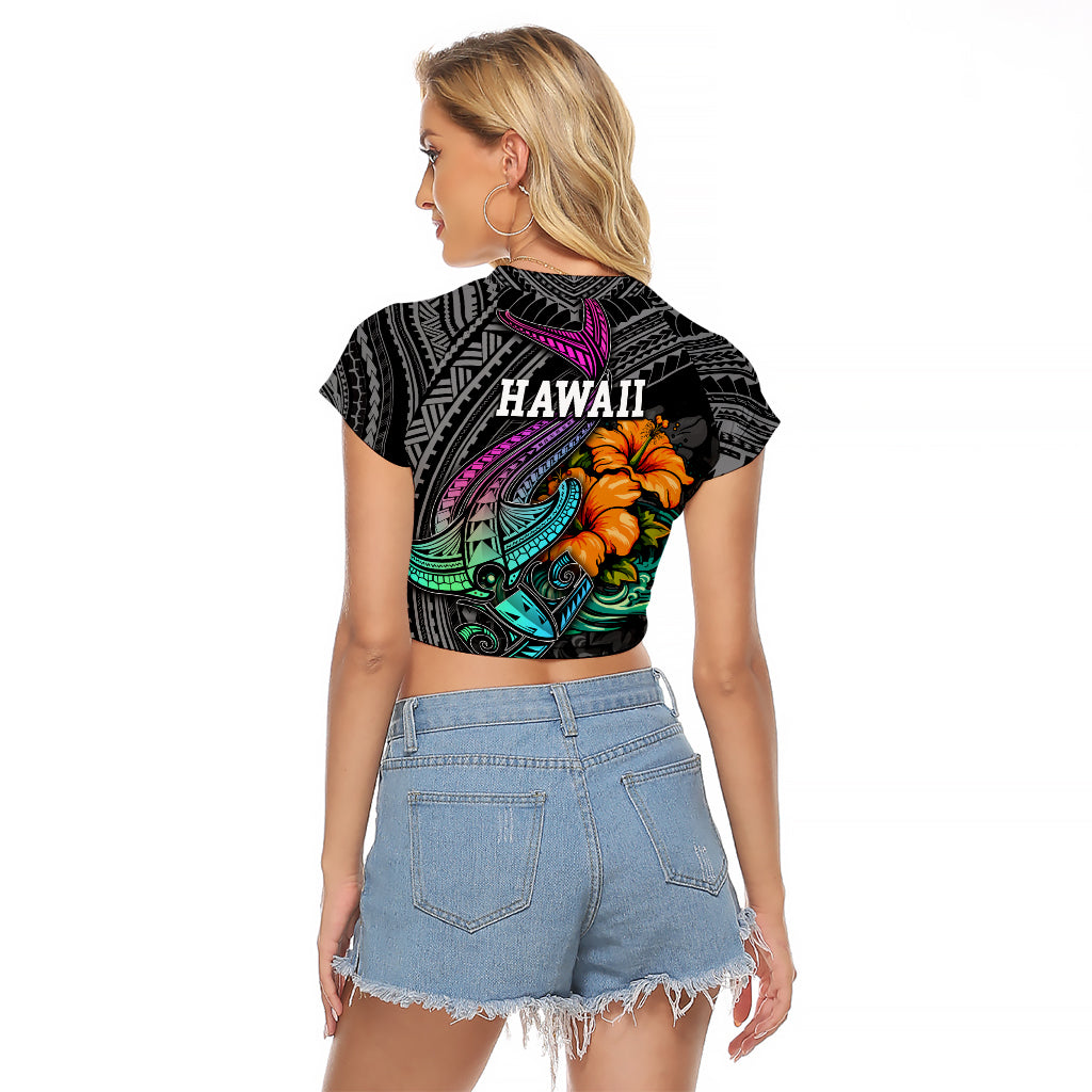Hawaii Polynesian Raglan Cropped T Shirt with Tribal Hammerhead Sharks and Hibiscus Black - Wonder Print Shop