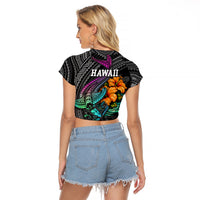 Hawaii Polynesian Raglan Cropped T Shirt with Tribal Hammerhead Sharks and Hibiscus Black - Wonder Print Shop