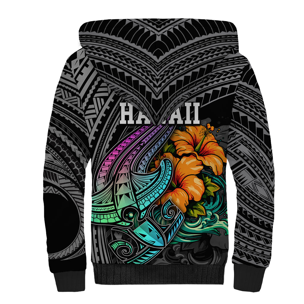 Hawaii Polynesian Sherpa Hoodie with Tribal Hammerhead Sharks and Hibiscus Black - Wonder Print Shop