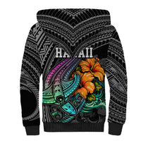 Hawaii Polynesian Sherpa Hoodie with Tribal Hammerhead Sharks and Hibiscus Black - Wonder Print Shop