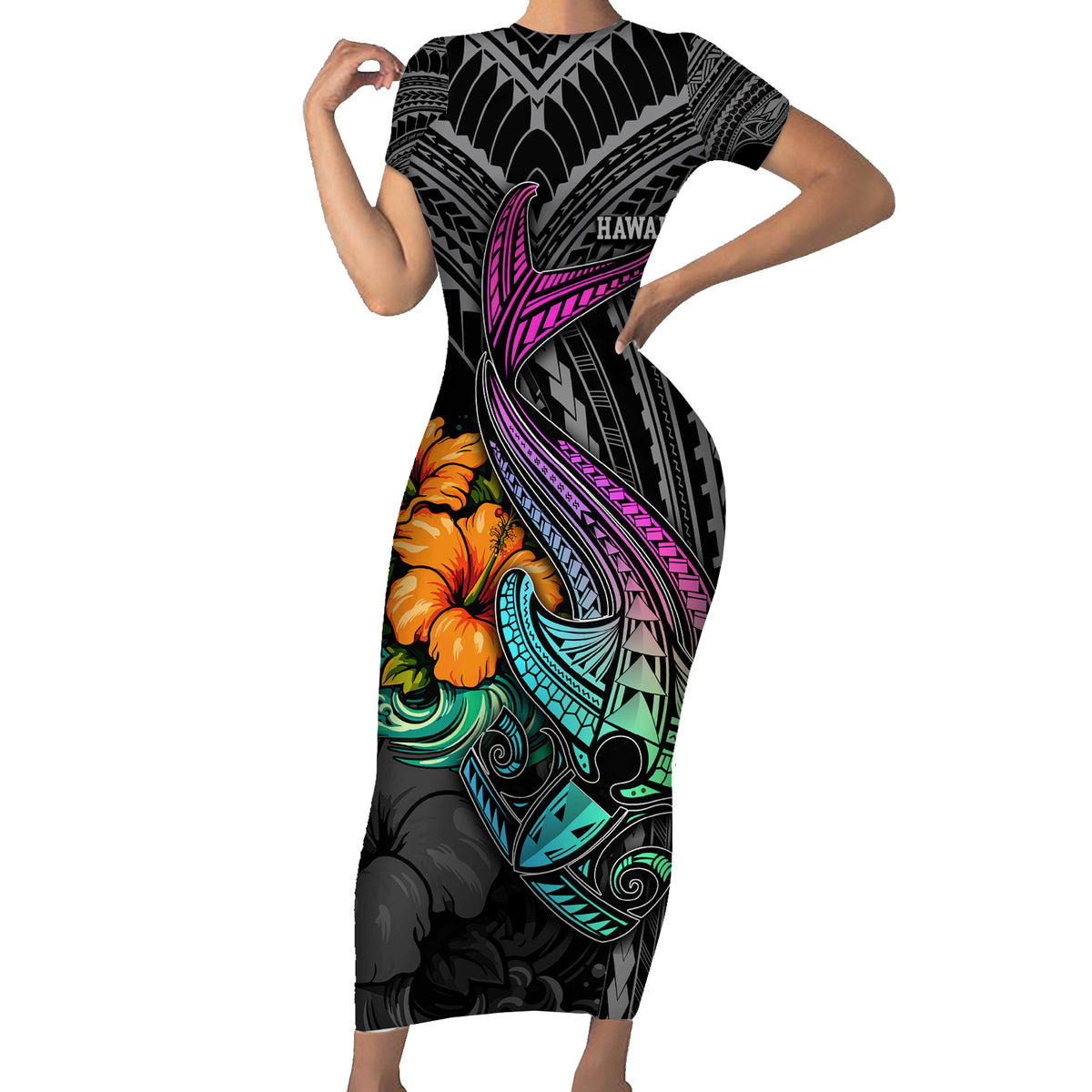 Hawaii Polynesian Short Sleeve Bodycon Dress with Tribal Hammerhead Sharks and Hibiscus Black - Wonder Print Shop
