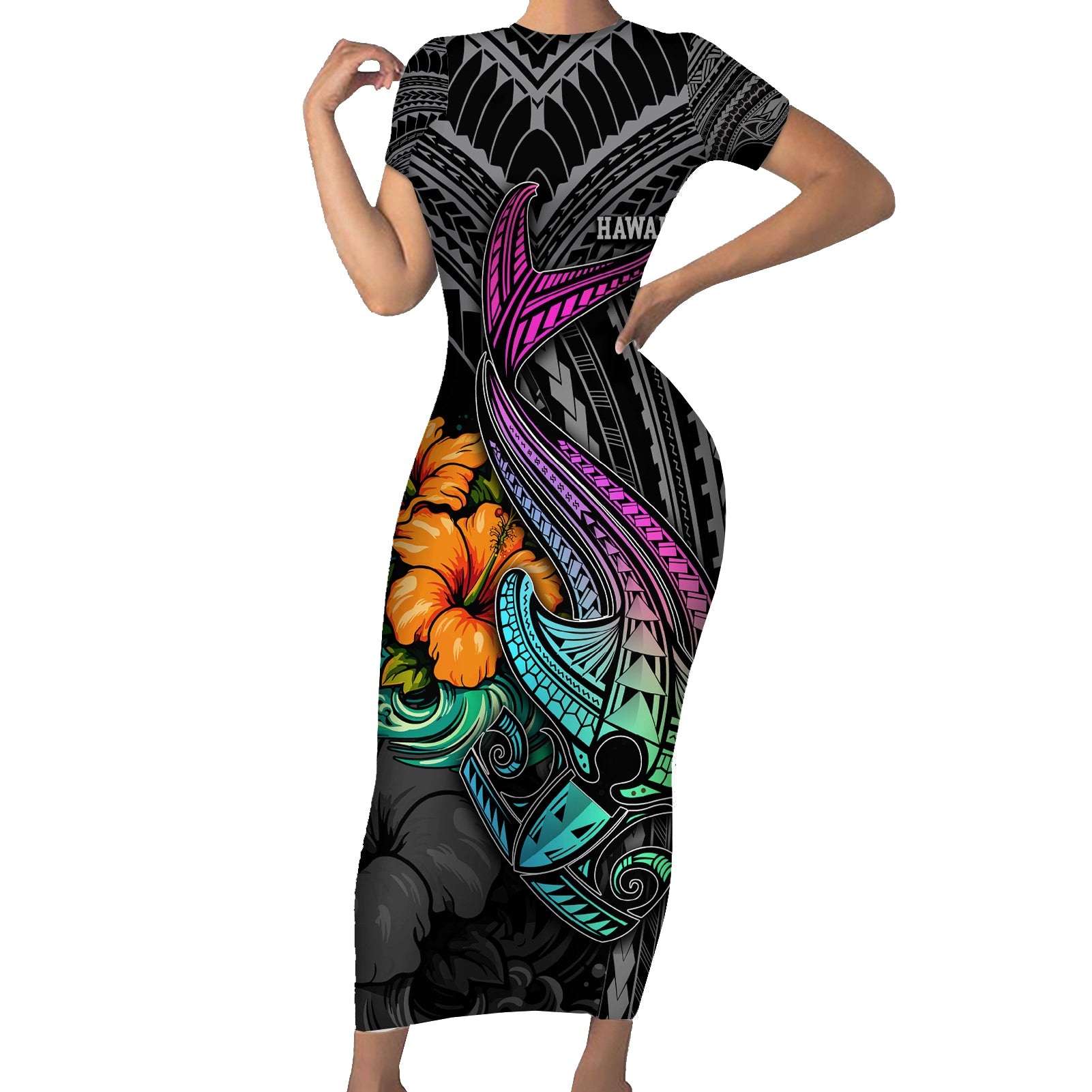 Hawaii Polynesian Short Sleeve Bodycon Dress with Tribal Hammerhead Sharks and Hibiscus Black - Wonder Print Shop