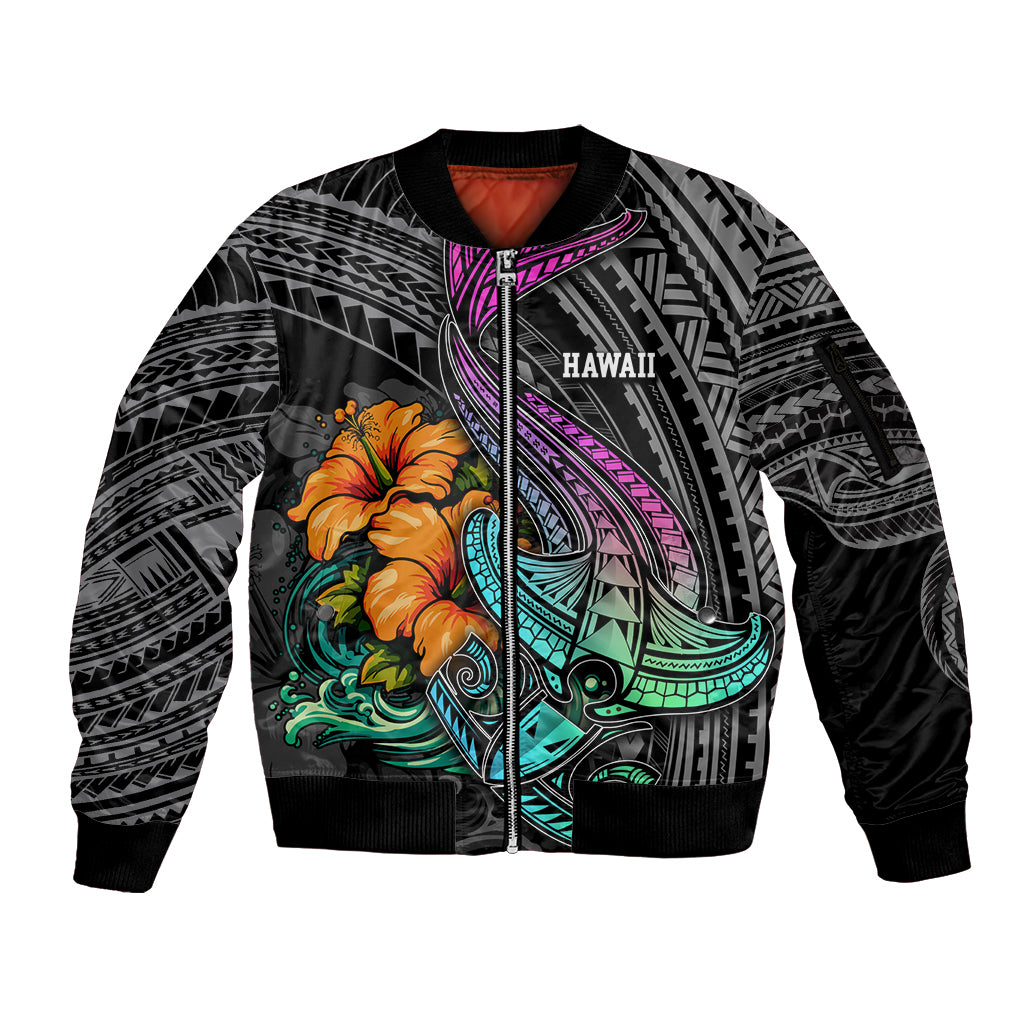 Hawaii Polynesian Sleeve Zip Bomber Jacket with Tribal Hammerhead Sharks and Hibiscus Black - Wonder Print Shop