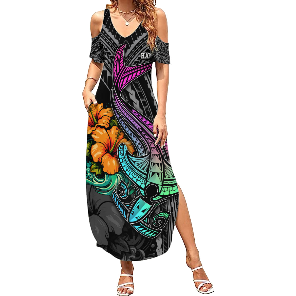 Hawaii Polynesian Summer Maxi Dress with Tribal Hammerhead Sharks and Hibiscus Black - Wonder Print Shop