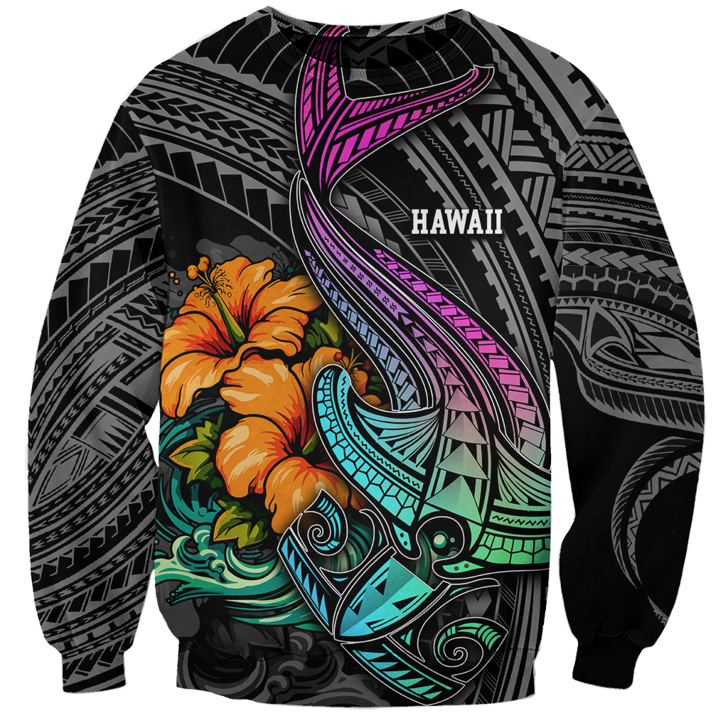 Hawaii Polynesian Sweatshirt with Tribal Hammerhead Sharks and Hibiscus Black - Wonder Print Shop