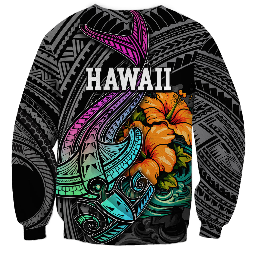 Hawaii Polynesian Sweatshirt with Tribal Hammerhead Sharks and Hibiscus Black - Wonder Print Shop