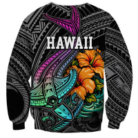 Hawaii Polynesian Sweatshirt with Tribal Hammerhead Sharks and Hibiscus Black - Wonder Print Shop