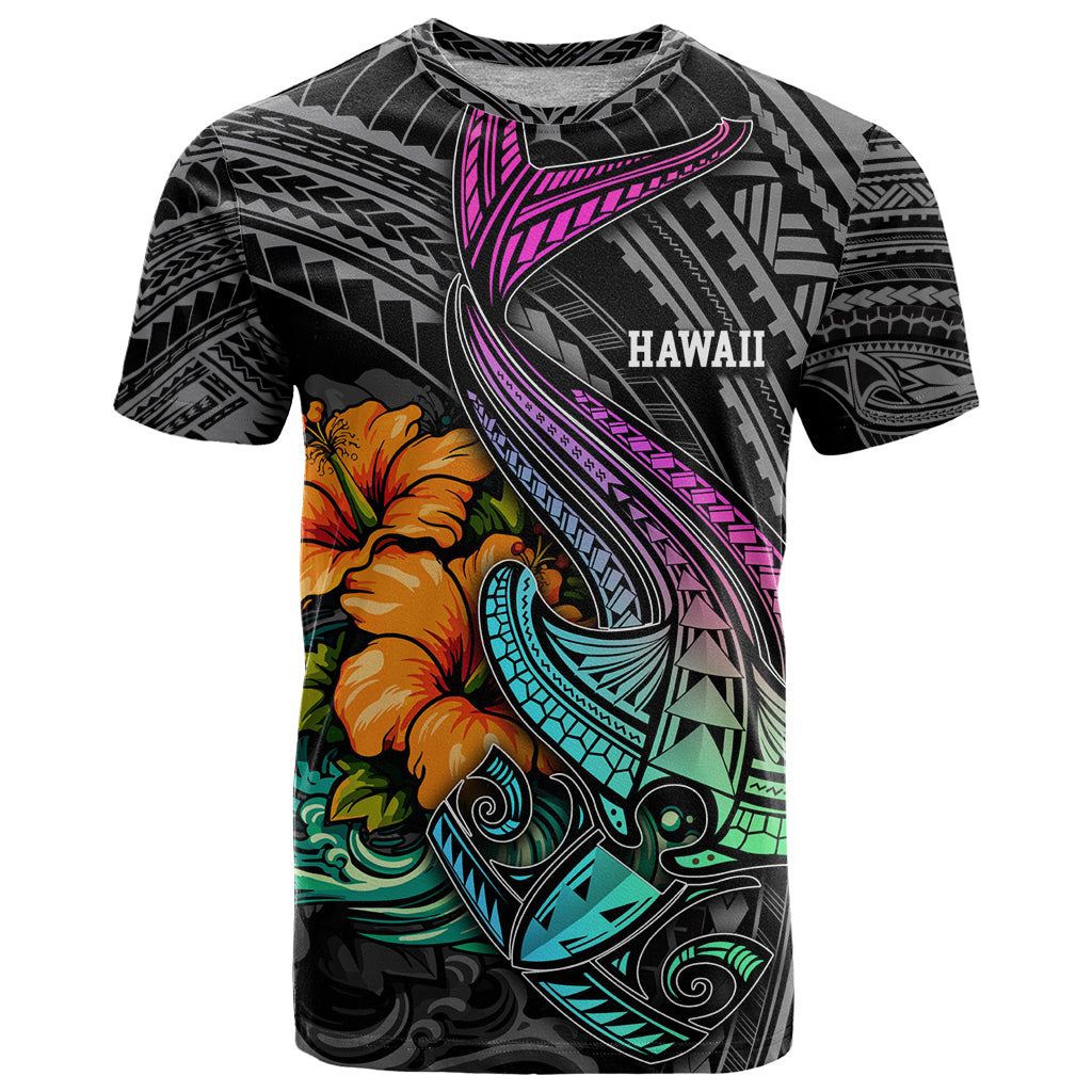 Hawaii Polynesian T Shirt with Tribal Hammerhead Sharks and Hibiscus Black - Wonder Print Shop
