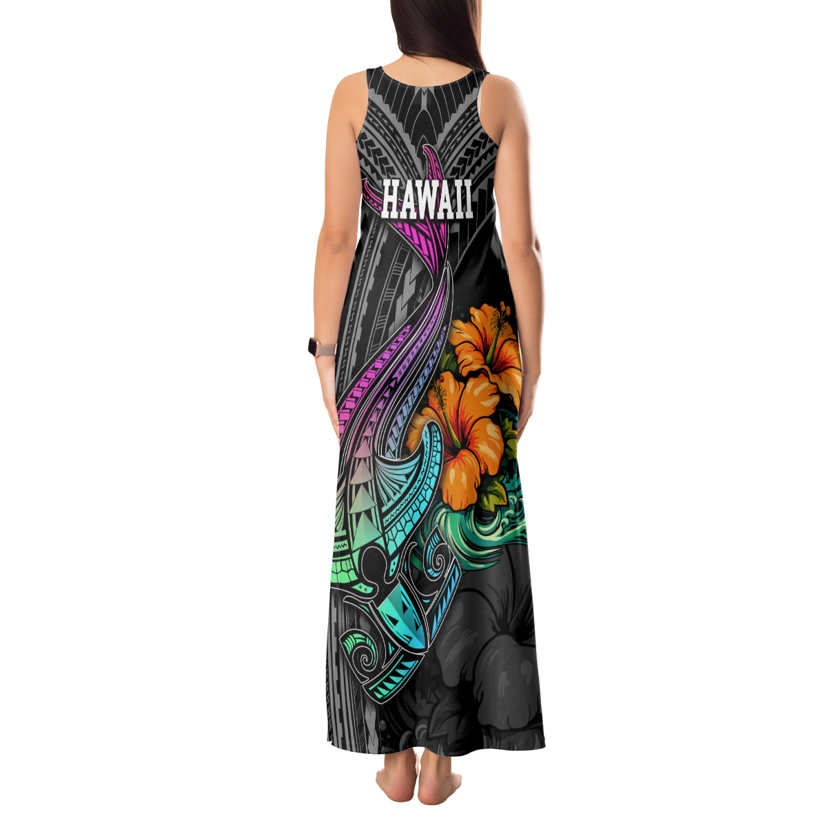 Hawaii Polynesian Tank Maxi Dress with Tribal Hammerhead Sharks and Hibiscus Black - Wonder Print Shop
