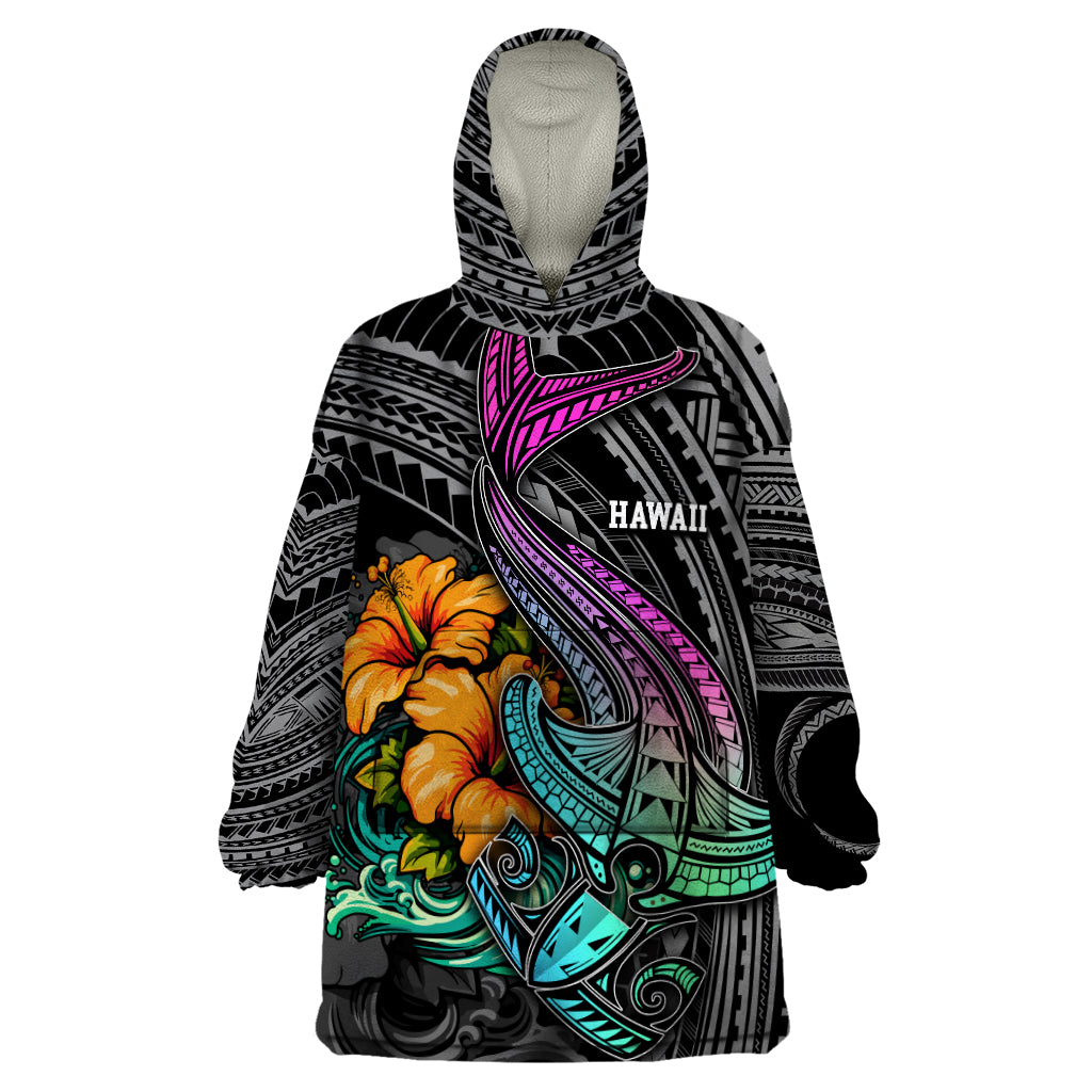 Hawaii Polynesian Wearable Blanket Hoodie with Tribal Hammerhead Sharks and Hibiscus Black - Wonder Print Shop