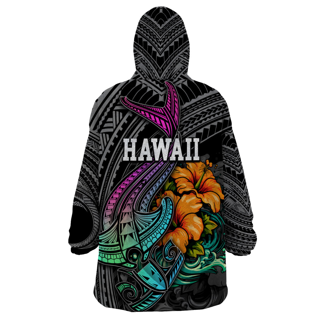 Hawaii Polynesian Wearable Blanket Hoodie with Tribal Hammerhead Sharks and Hibiscus Black - Wonder Print Shop