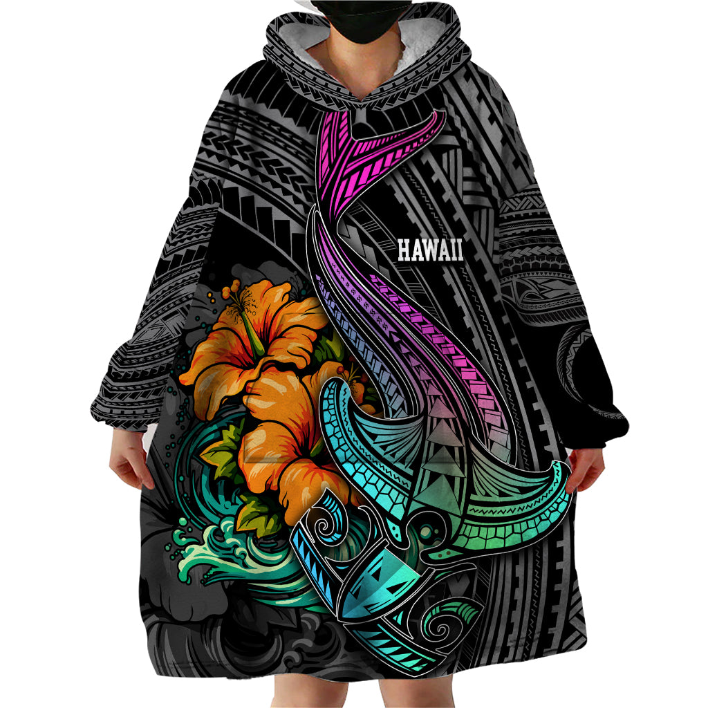 Hawaii Polynesian Wearable Blanket Hoodie with Tribal Hammerhead Sharks and Hibiscus Black - Wonder Print Shop