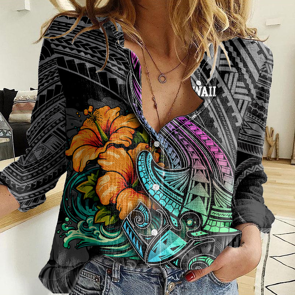 Hawaii Polynesian Women Casual Shirt with Tribal Hammerhead Sharks and Hibiscus Black - Wonder Print Shop