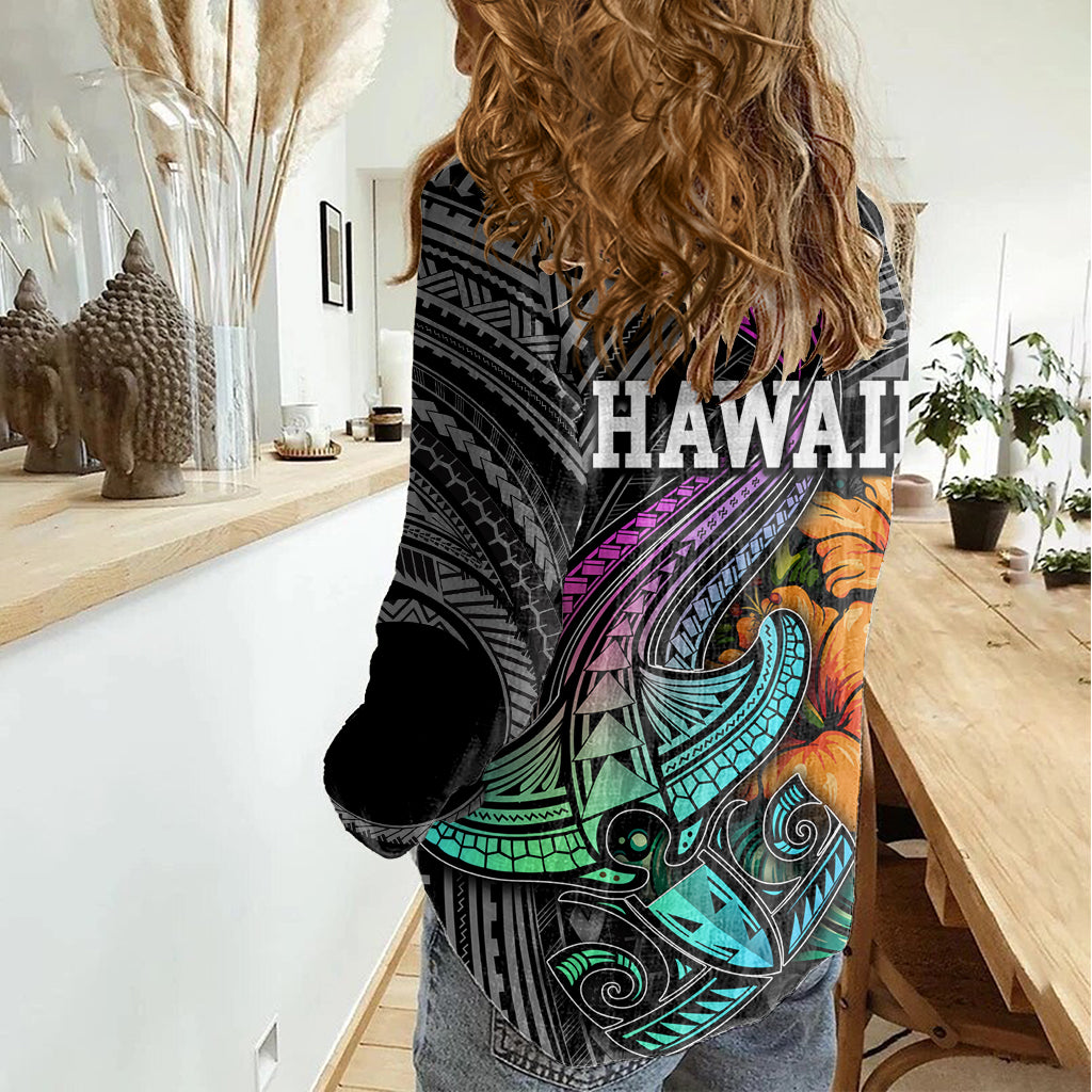 Hawaii Polynesian Women Casual Shirt with Tribal Hammerhead Sharks and Hibiscus Black - Wonder Print Shop