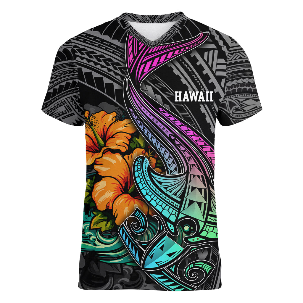 Hawaii Polynesian Women V Neck T Shirt with Tribal Hammerhead Sharks and Hibiscus Black - Wonder Print Shop