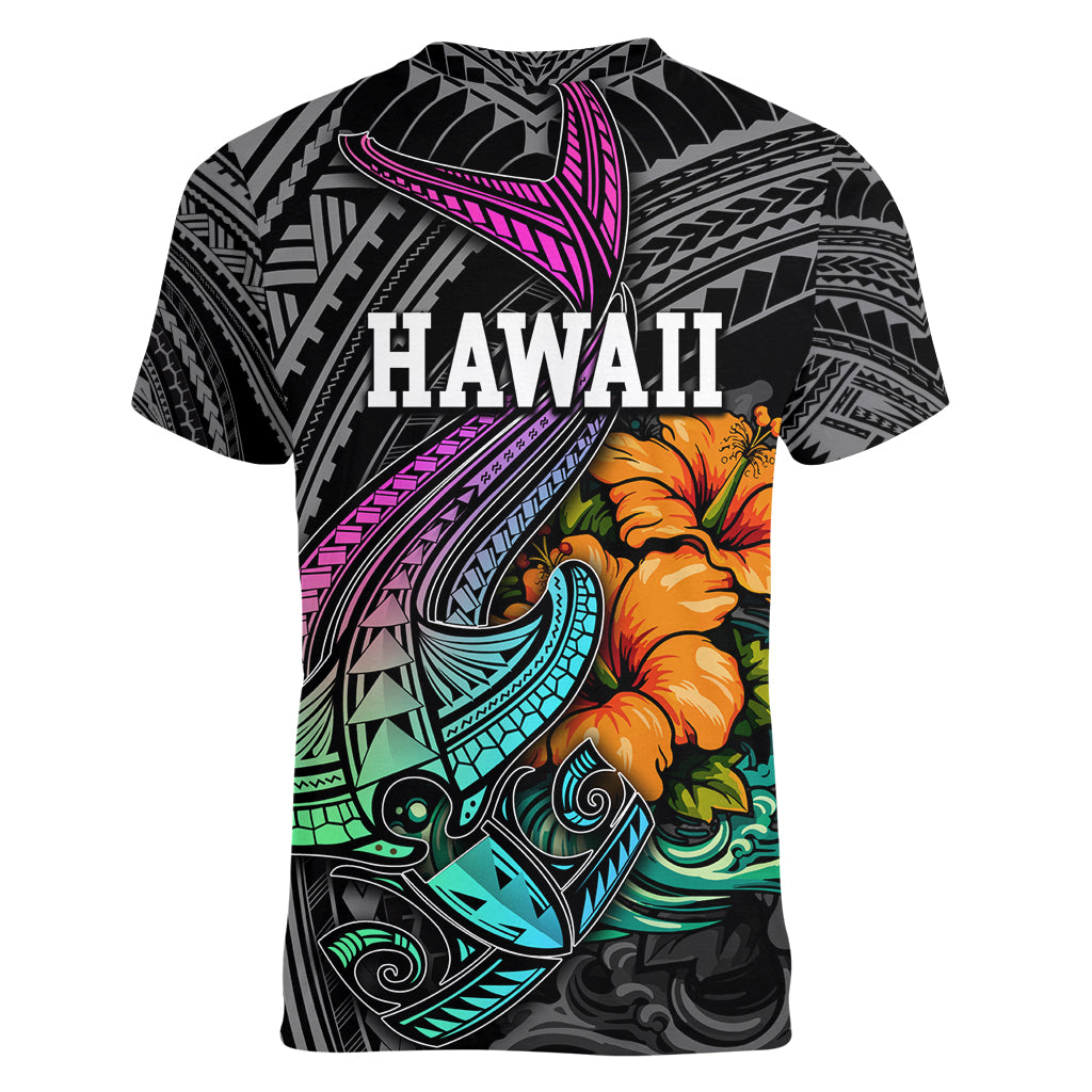 Hawaii Polynesian Women V Neck T Shirt with Tribal Hammerhead Sharks and Hibiscus Black - Wonder Print Shop