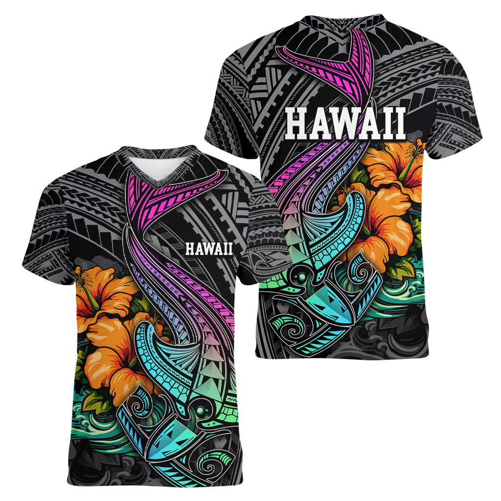 Hawaii Polynesian Women V Neck T Shirt with Tribal Hammerhead Sharks and Hibiscus Black - Wonder Print Shop