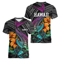 Hawaii Polynesian Women V Neck T Shirt with Tribal Hammerhead Sharks and Hibiscus Black - Wonder Print Shop
