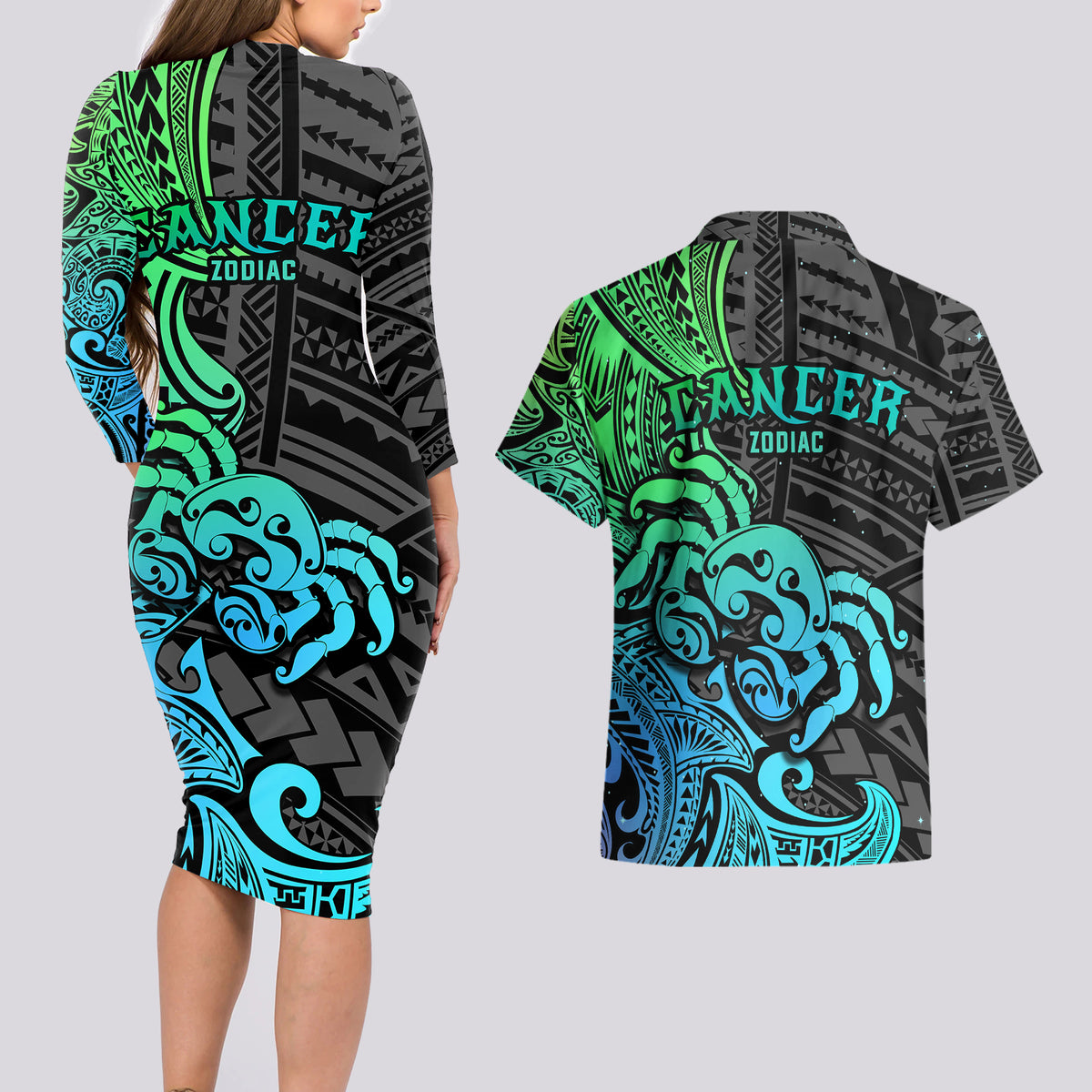 Zodiac Cancer Couples Matching Long Sleeve Bodycon Dress and Hawaiian Shirt Polynesian in Gradient Blue - Wonder Print Shop