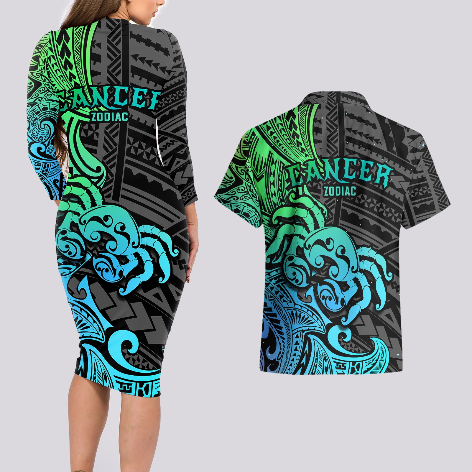Zodiac Cancer Couples Matching Long Sleeve Bodycon Dress and Hawaiian Shirt Polynesian in Gradient Blue - Wonder Print Shop