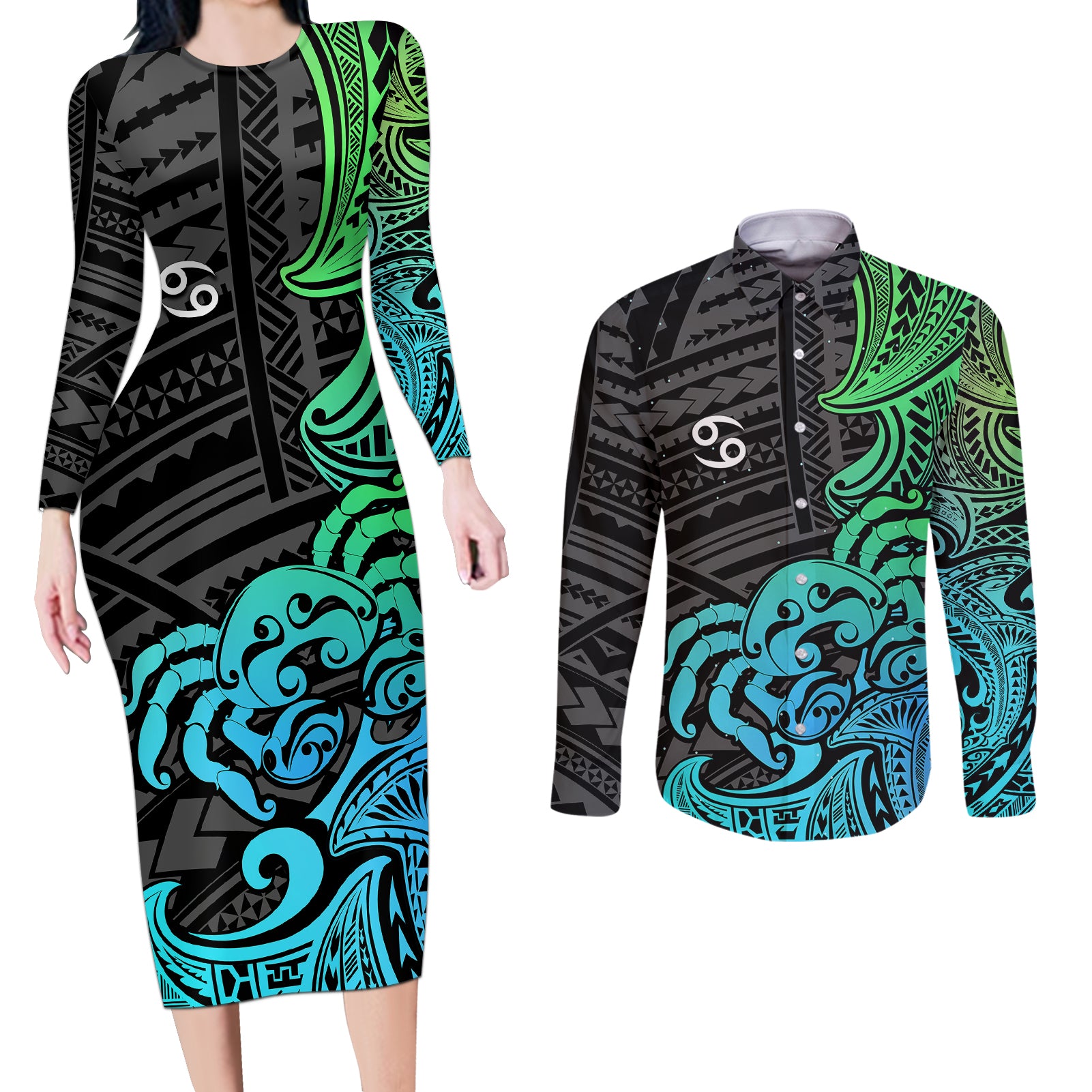 Zodiac Cancer Couples Matching Long Sleeve Bodycon Dress and Long Sleeve Button Shirts Polynesian in Gradient Blue - Wonder Print Shop