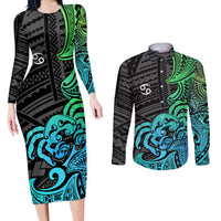 Zodiac Cancer Couples Matching Long Sleeve Bodycon Dress and Long Sleeve Button Shirts Polynesian in Gradient Blue - Wonder Print Shop