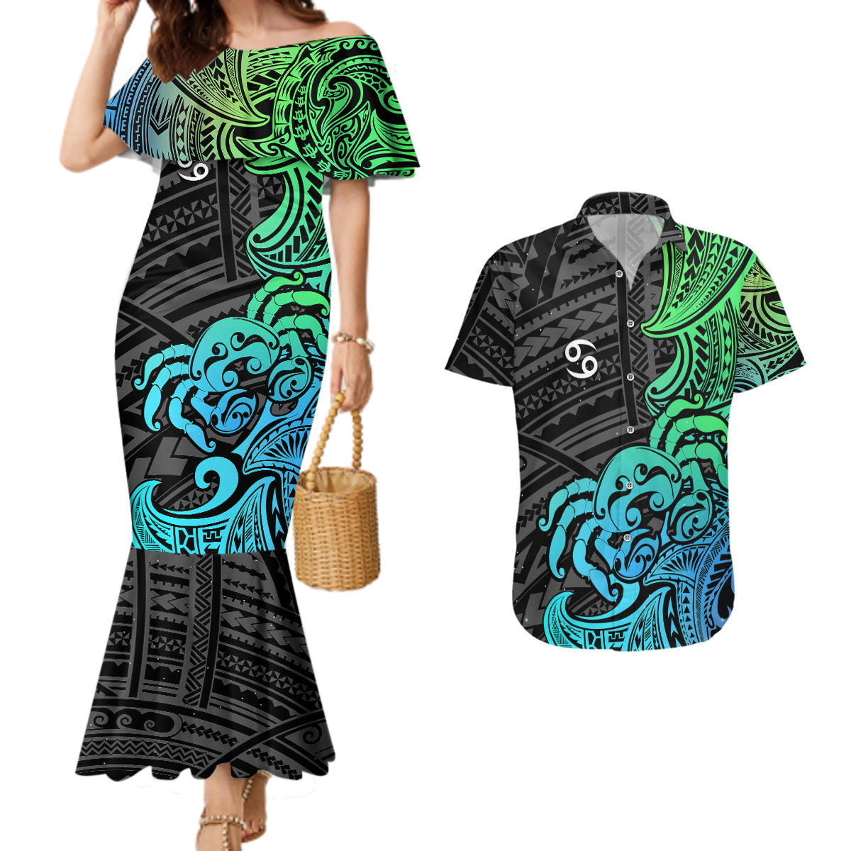 Zodiac Cancer Couples Matching Mermaid Dress and Hawaiian Shirt Polynesian in Gradient Blue - Wonder Print Shop