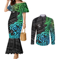 zodiac-cancer-couples-matching-mermaid-dress-and-long-sleeve-button-shirts-polynesian-in-gradient-blue