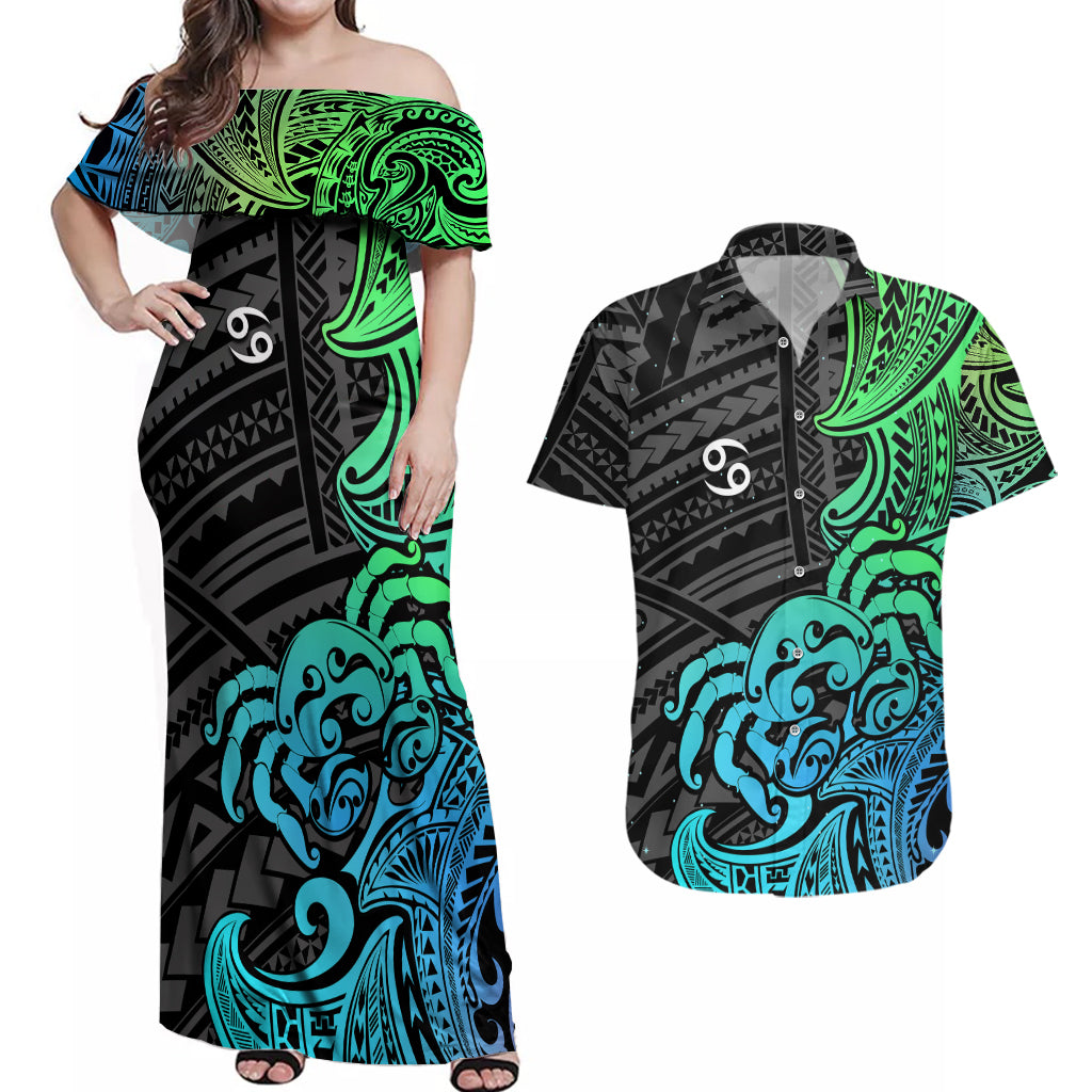 Zodiac Cancer Couples Matching Off Shoulder Maxi Dress and Hawaiian Shirt Polynesian in Gradient Blue - Wonder Print Shop