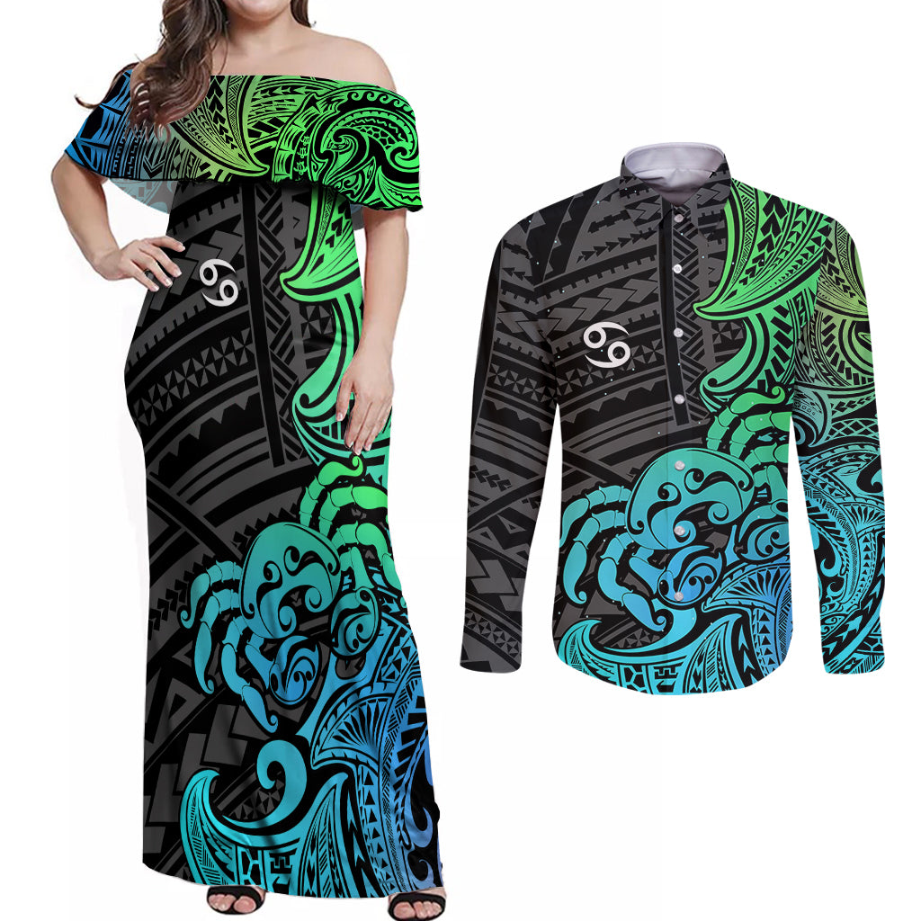 Zodiac Cancer Couples Matching Off Shoulder Maxi Dress and Long Sleeve Button Shirts Polynesian in Gradient Blue - Wonder Print Shop