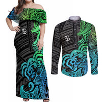 Zodiac Cancer Couples Matching Off Shoulder Maxi Dress and Long Sleeve Button Shirts Polynesian in Gradient Blue - Wonder Print Shop