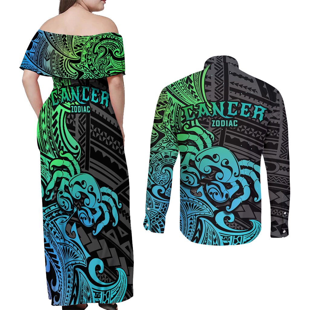 Zodiac Cancer Couples Matching Off Shoulder Maxi Dress and Long Sleeve Button Shirts Polynesian in Gradient Blue - Wonder Print Shop
