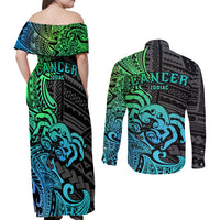 Zodiac Cancer Couples Matching Off Shoulder Maxi Dress and Long Sleeve Button Shirts Polynesian in Gradient Blue - Wonder Print Shop