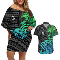 Zodiac Cancer Couples Matching Off Shoulder Short Dress and Hawaiian Shirt Polynesian in Gradient Blue - Wonder Print Shop