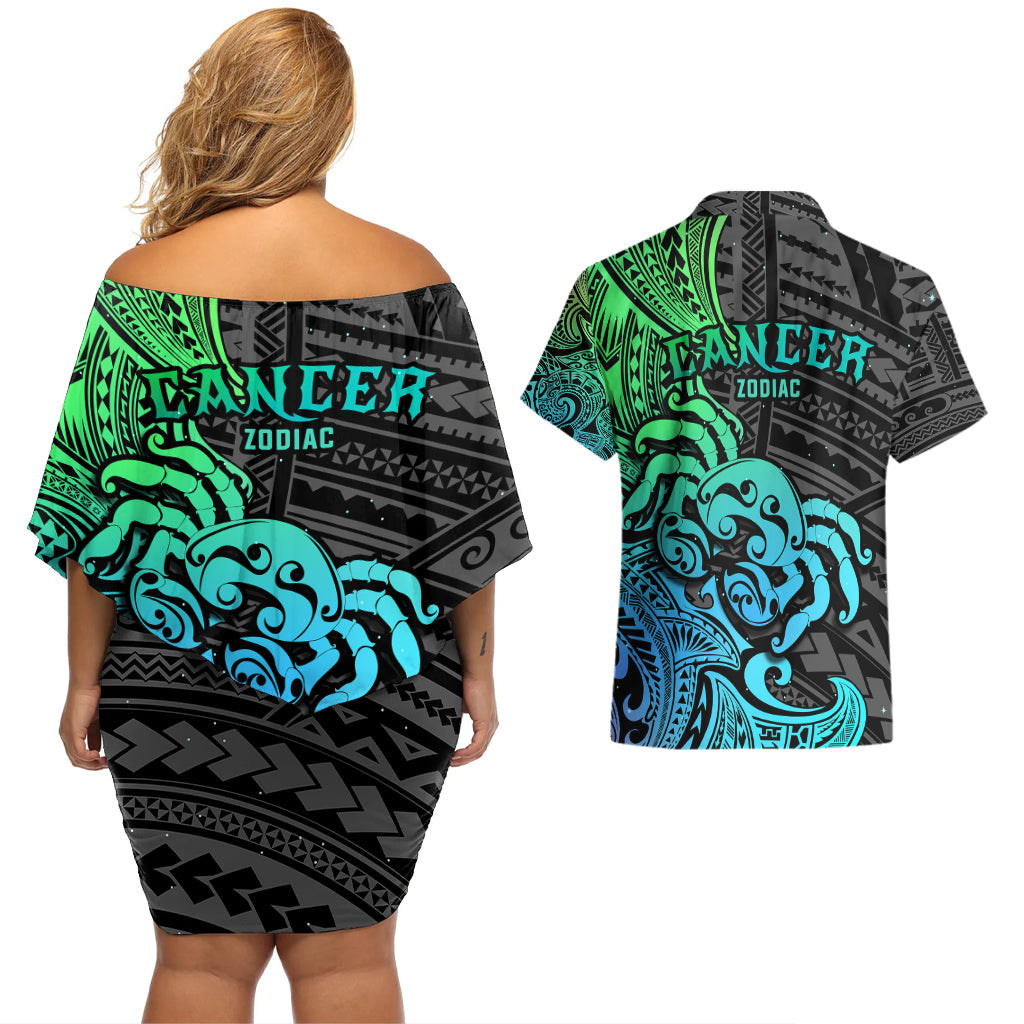 Zodiac Cancer Couples Matching Off Shoulder Short Dress and Hawaiian Shirt Polynesian in Gradient Blue - Wonder Print Shop