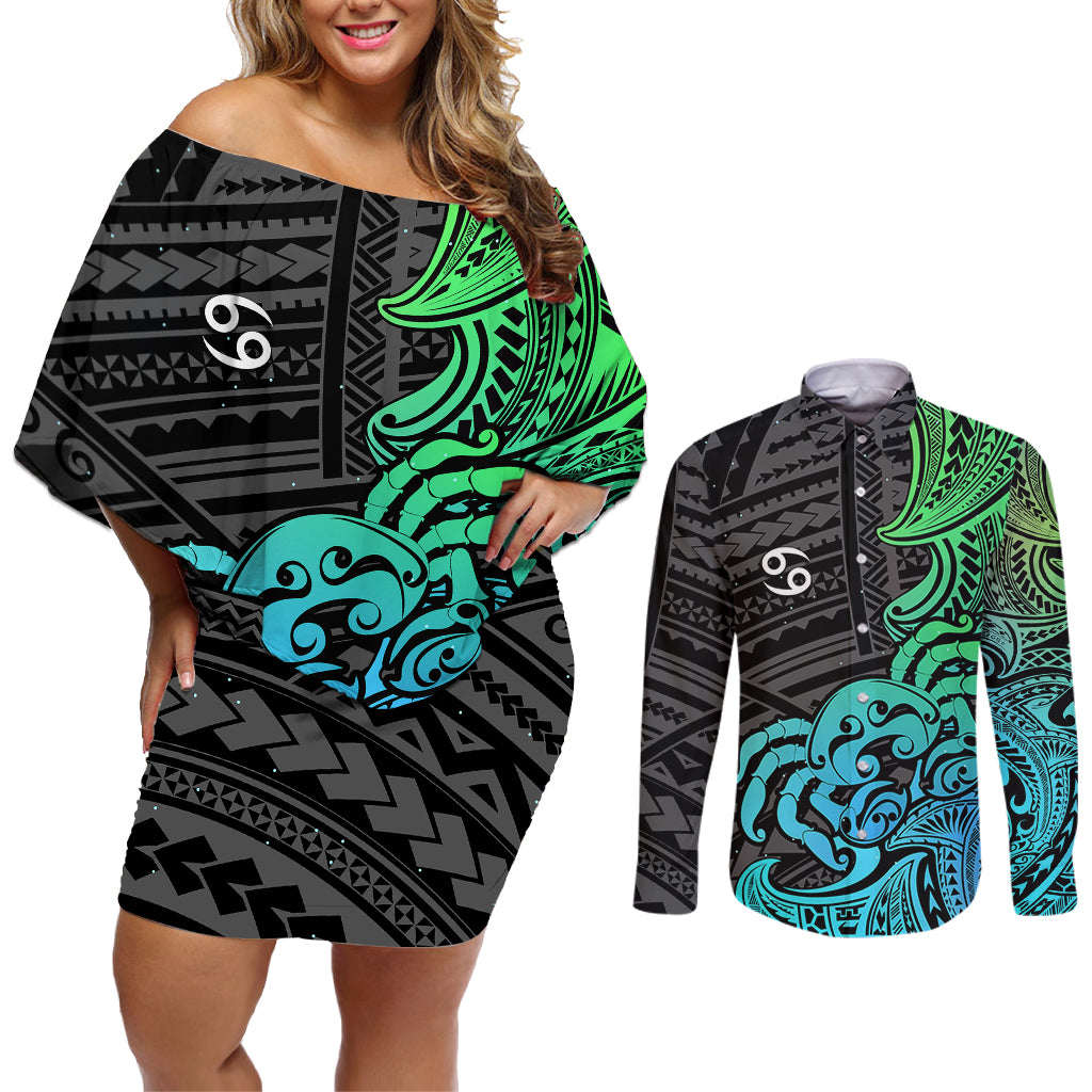 Zodiac Cancer Couples Matching Off Shoulder Short Dress and Long Sleeve Button Shirts Polynesian in Gradient Blue - Wonder Print Shop