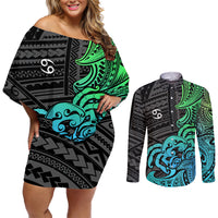 Zodiac Cancer Couples Matching Off Shoulder Short Dress and Long Sleeve Button Shirts Polynesian in Gradient Blue - Wonder Print Shop