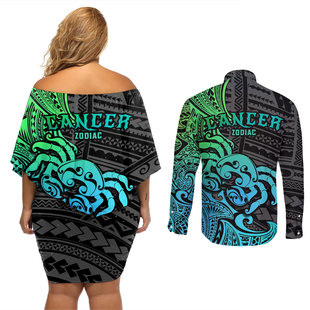 Zodiac Cancer Couples Matching Off Shoulder Short Dress and Long Sleeve Button Shirts Polynesian in Gradient Blue - Wonder Print Shop