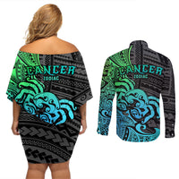 Zodiac Cancer Couples Matching Off Shoulder Short Dress and Long Sleeve Button Shirts Polynesian in Gradient Blue - Wonder Print Shop