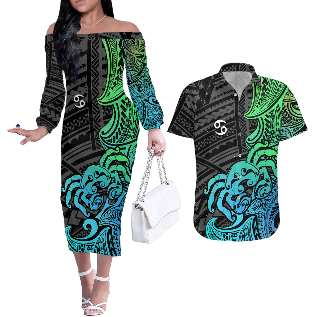 Zodiac Cancer Couples Matching Off The Shoulder Long Sleeve Dress and Hawaiian Shirt Polynesian in Gradient Blue - Wonder Print Shop