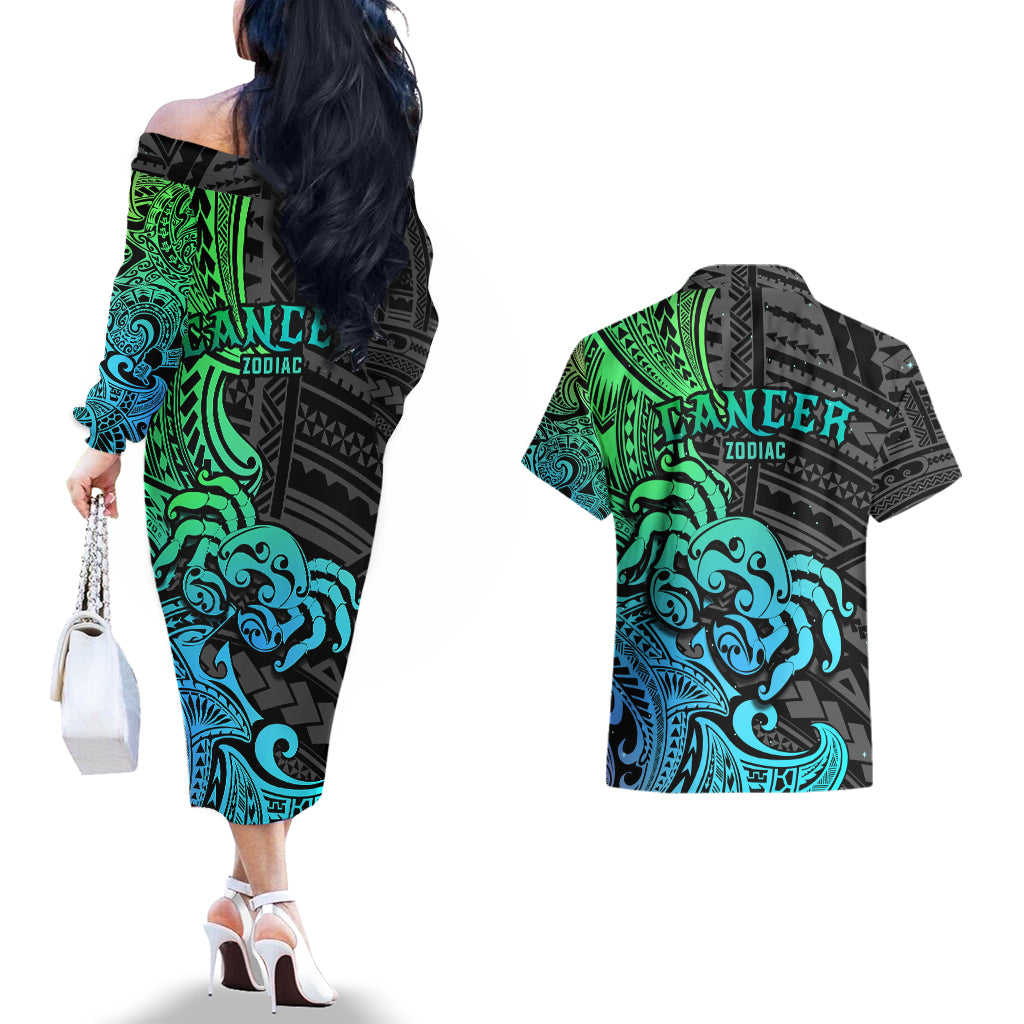 Zodiac Cancer Couples Matching Off The Shoulder Long Sleeve Dress and Hawaiian Shirt Polynesian in Gradient Blue - Wonder Print Shop