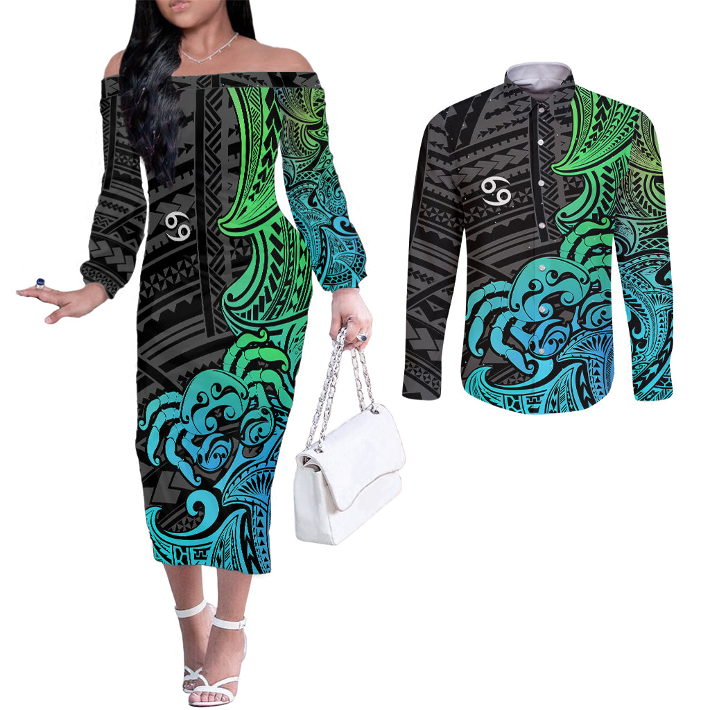zodiac-cancer-couples-matching-off-the-shoulder-long-sleeve-dress-and-long-sleeve-button-shirts-polynesian-in-gradient-blue