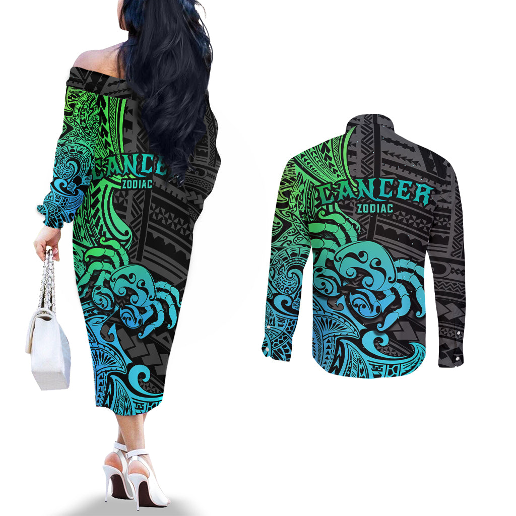 zodiac-cancer-couples-matching-off-the-shoulder-long-sleeve-dress-and-long-sleeve-button-shirts-polynesian-in-gradient-blue