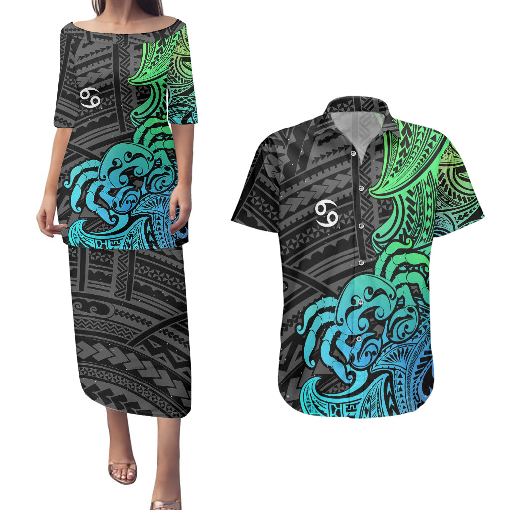 Zodiac Cancer Couples Matching Puletasi Dress and Hawaiian Shirt Polynesian in Gradient Blue - Wonder Print Shop