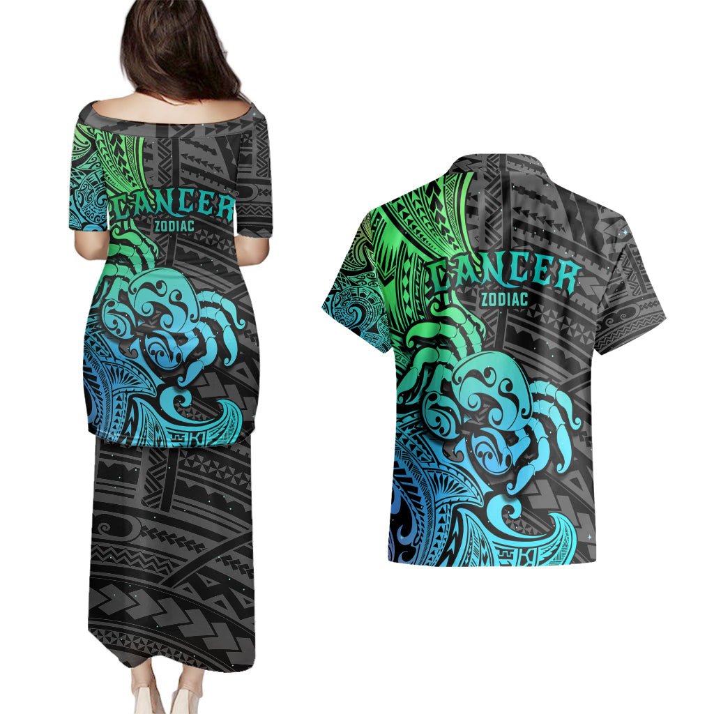 Zodiac Cancer Couples Matching Puletasi Dress and Hawaiian Shirt Polynesian in Gradient Blue - Wonder Print Shop
