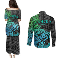 Zodiac Cancer Couples Matching Puletasi Dress and Long Sleeve Button Shirts Polynesian in Gradient Blue - Wonder Print Shop